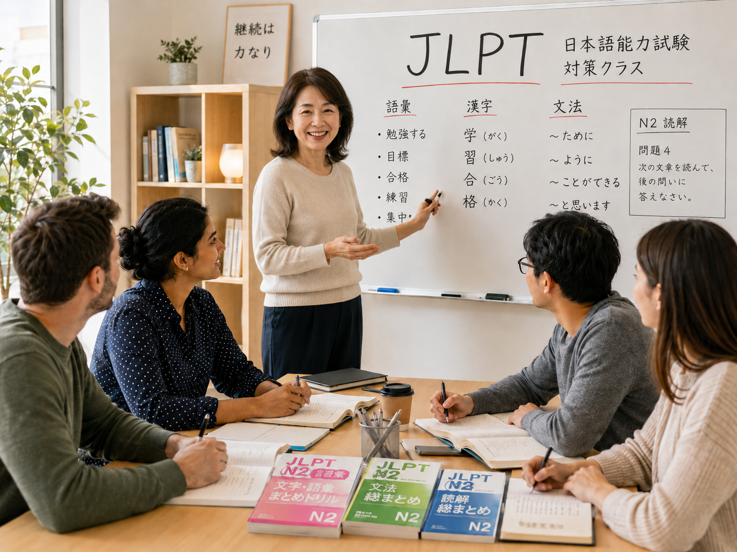 65歳くらいの女性講師が教えるJLPT受験対策教室の様子