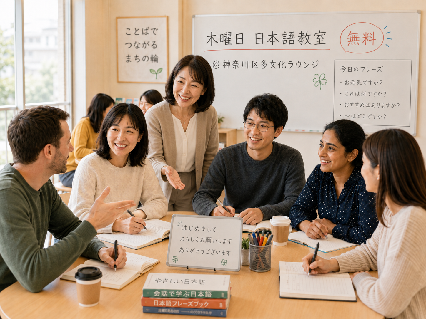 65歳くらいの女性講師と学ぶ木曜日日本語教室の様子
